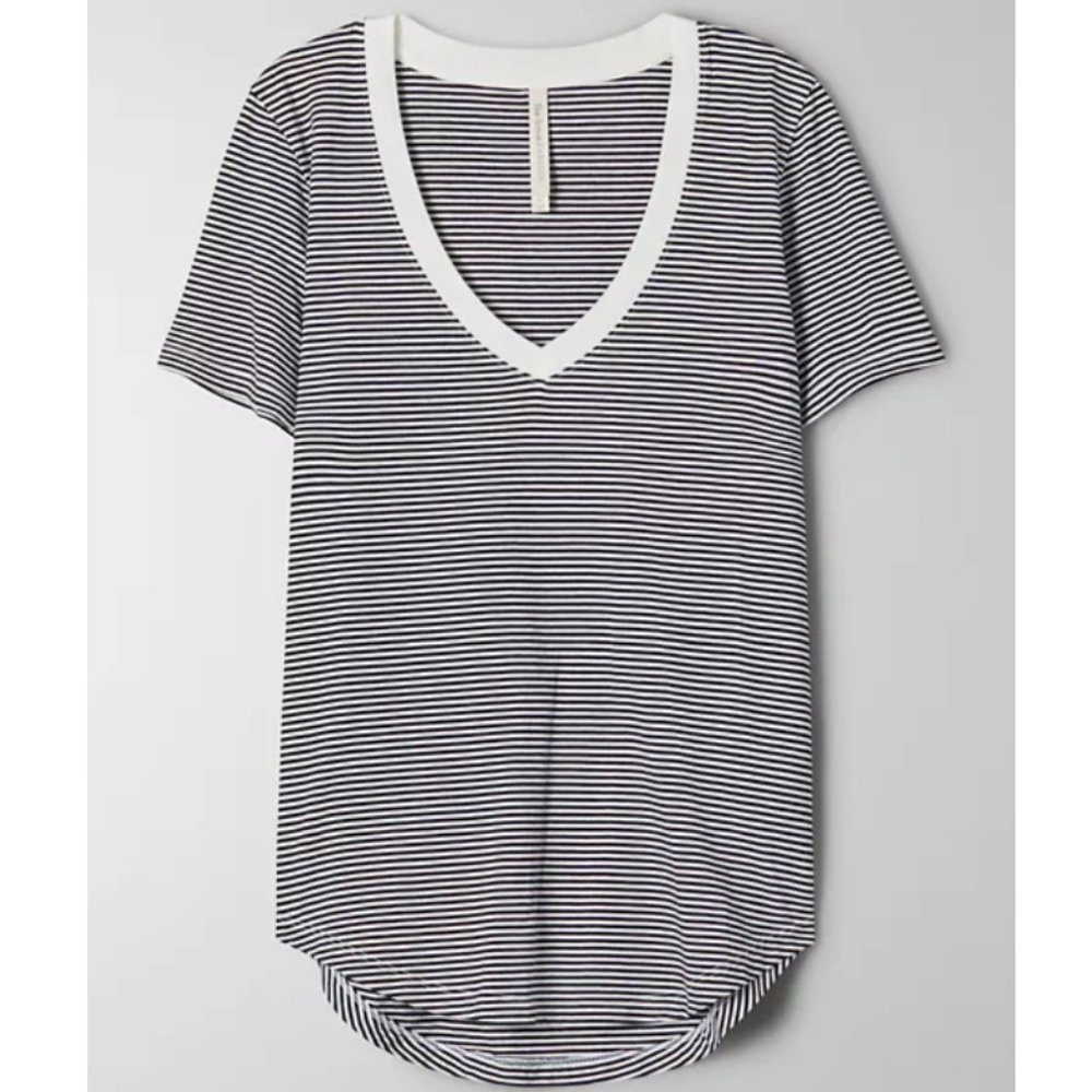 Aritzia Babaton Foundation V-Neck Striped Soft T-Shirt 1X Indigo and White